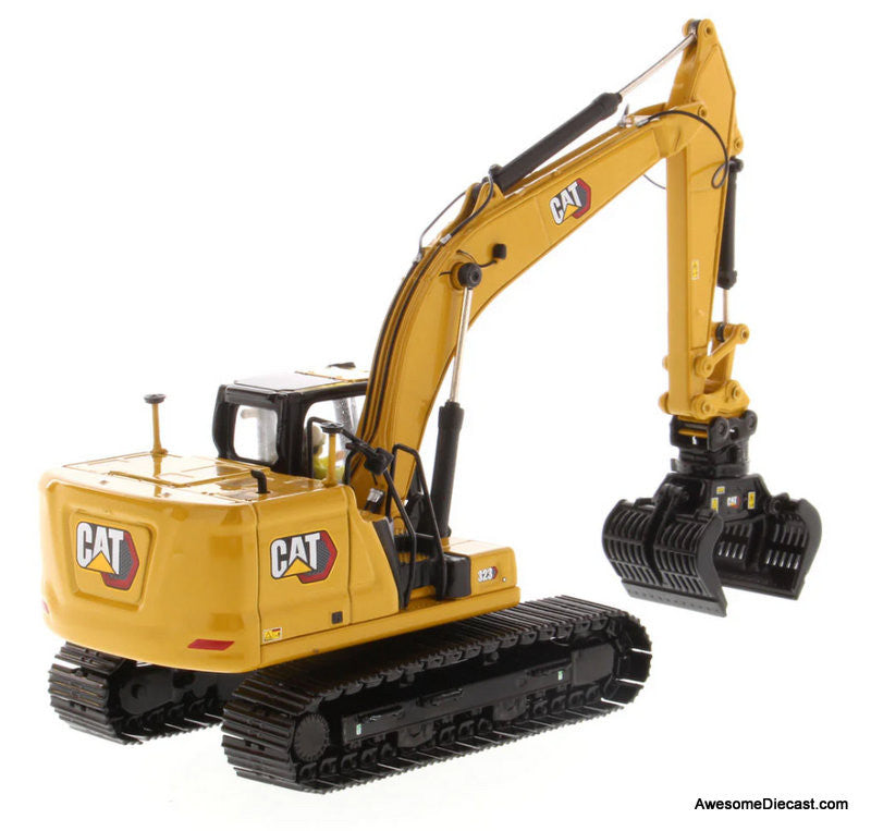 Cat 323 Hydraulic Excavator w/4 New Work-Tools, Yellow (Next Generation) 1:50 Diecast Model Vehicle by Diecast Masters