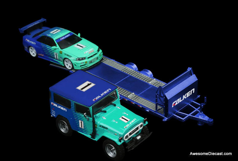 Nissan GT-R R34 & Toyota FJ40 w/Trailer Falken Racing 1:64 Diecast Model Vehicles by Time Micro