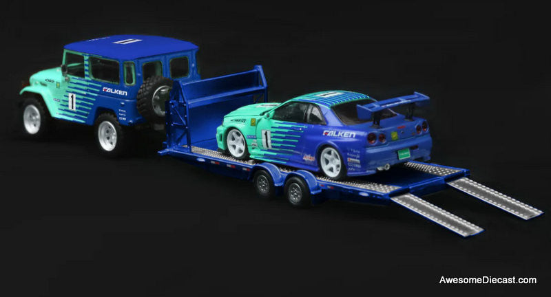Nissan GT-R R34 & Toyota FJ40 w/Trailer Falken Racing 1:64 Diecast Model Vehicles by Time Micro