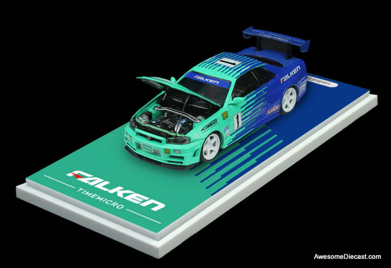 Nissan GT-R R34 & Toyota FJ40 w/Trailer Falken Racing 1:64 Diecast Model Vehicles by Time Micro