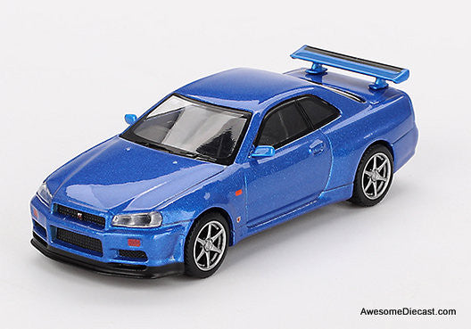 Nissan Skyline GT-R (R34) V-Spec, Bayside Blue 1:64 Diecast Model Car by Mini GT
