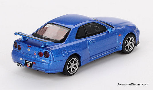 Nissan Skyline GT-R (R34) V-Spec, Bayside Blue 1:64 Diecast Model Car by Mini GT