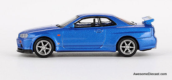 Nissan Skyline GT-R (R34) V-Spec, Bayside Blue 1:64 Diecast Model Car by Mini GT