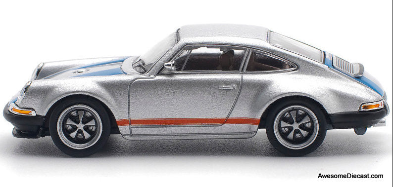 Porsche 911 964 Singer, Silver/Blue Stripes 1:64 Diecast Model Car by Pop Race