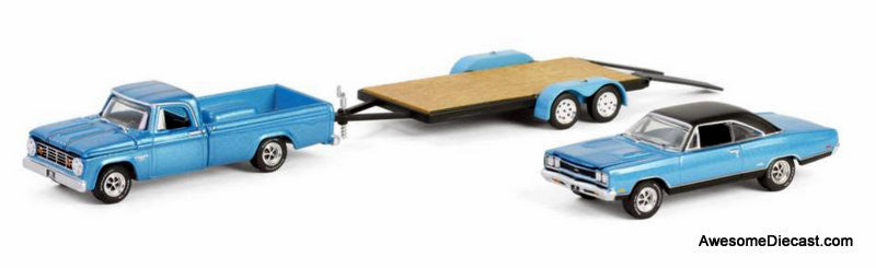 1969 Plymouth GTX  & 1967 Dodge D200 Pickup Truck w/Flatbed Trailer, Turquois: Graveyard Carz 1:64 Diecast Vehicles by Greenlight