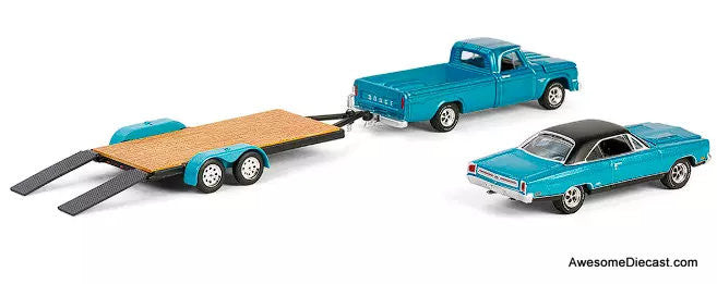1969 Plymouth GTX  & 1967 Dodge D200 Pickup Truck w/Flatbed Trailer, Turquois: Graveyard Carz 1:64 Diecast Vehicles by Greenlight