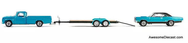 1969 Plymouth GTX  & 1967 Dodge D200 Pickup Truck w/Flatbed Trailer, Turquois: Graveyard Carz 1:64 Diecast Vehicles by Greenlight
