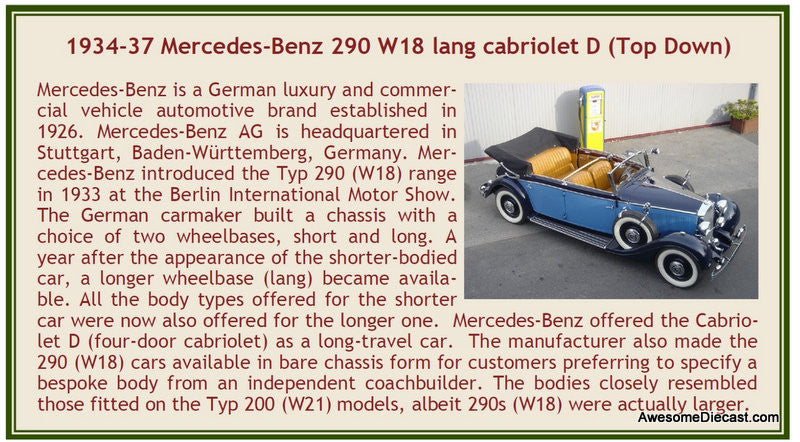 Esval Models 1:43 1934-37 Mercedes-Benz 290 W18 Cabriolet D Long Wheel Base Top Down, 2 Tone Blue
