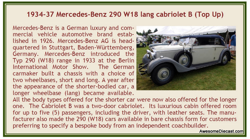 Esval Models 1:43 1934-37 Mercedes-Benz 290 W18 Cabriolet B Long Wheel Base, (Top Up), Gray