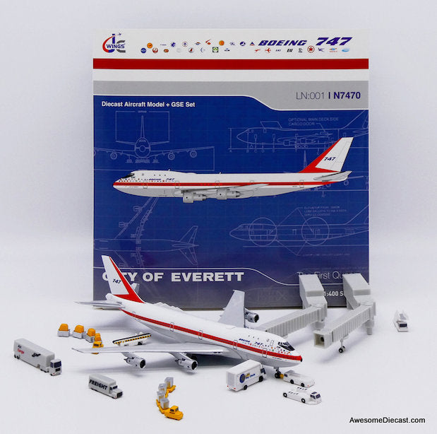 Boeing 747-100 House Color First Prototype "Museum Version" w/GSE Set (Reg# N7470)1:400 Diecast Model Plane by JC Wings
