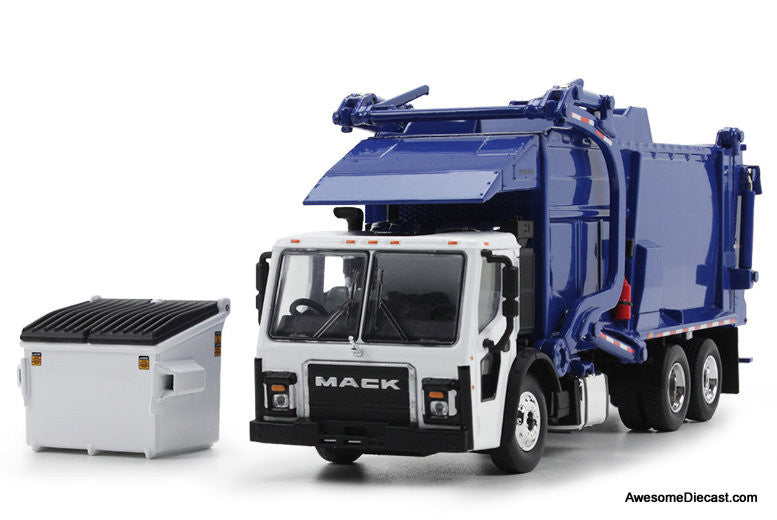 DCP by FG 1:64 Mack LR w/McNeilus Meridian Front Load Refuse Truck And Trash Bin, Blue/White