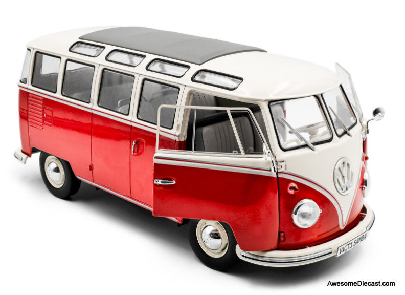 1962 Volkswagen T1 Samba, Red/White 1:18 Diecast Model Vehicle by Solido