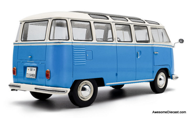 1962 Volkswagen T1 Samba, Blue/White 1:18 Diecast Model Vehicle by Solido