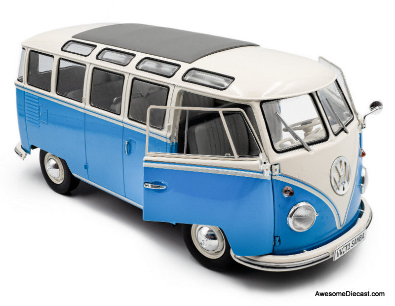 1962 Volkswagen T1 Samba, Blue/White 1:18 Diecast Model Vehicle by Solido