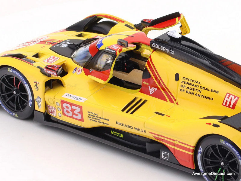 Ferrari 499P #83 2024 Le Mans Hyper Car, Yellow 1:18 Diecast Model Car by Burago