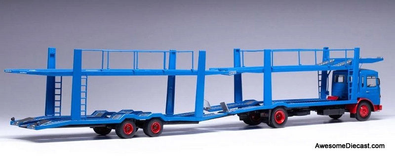 1970 MAN F7 Day Cab Car Transporter w/2 Axle Trailer, Blue 1:43 Diecast Metal Truck by IXO
