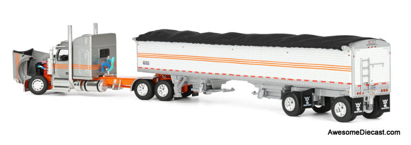 Peterbilt 589 Sleeper Tractor w/Wilson Pacesetter Grain Trailer, Silver/Orange/White 1:64 Diecast Model Truck DCP by FG