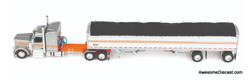 Peterbilt 589 Sleeper Tractor w/Wilson Pacesetter Grain Trailer, Silver/Orange/White 1:64 Diecast Model Truck DCP by FG