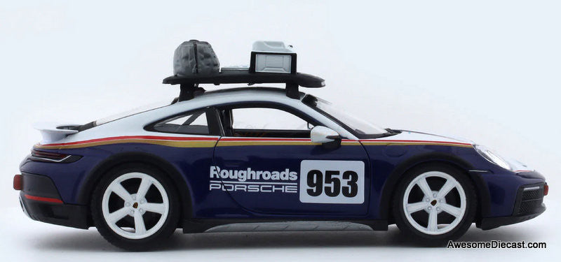 Porsche 911 (992) #953 Dakar Rally Blue/White 1:24 Diecast Model Car by Burago