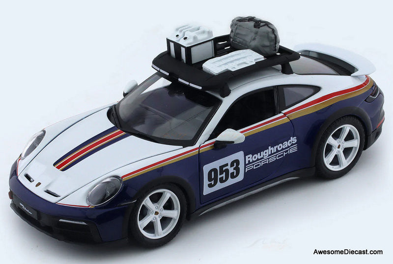 Porsche 911 (992) #953 Dakar Rally Blue/White 1:24 Diecast Model Car by Burago
