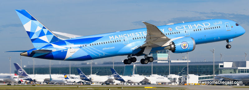 Boeing 787-9 Dream Liner: Etihad Airways (Reg #A6-BND) "Manchester City Livery" 1:200 Diecast Model Plane by B-Models