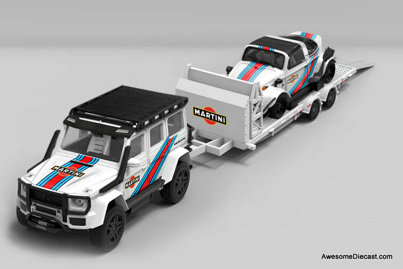 Mercedes Benz G550 & Volkswagen Beetle w/Trailer: Martini Livery 1:64 Diecast Model Vehicles by Time Micro