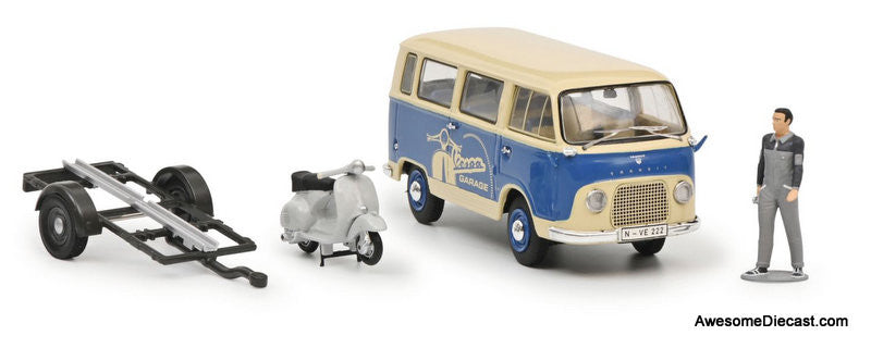 Schuco 1:43 Ford FK 1000 Bus w/Trailer & Vespa And Mechanic
