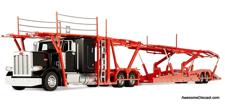 Peterbilt 389 Sleeper Tractor w/Boydstun 9106-48EZ Car Carrier Trailer, Black & Red 1:64 Diecast Model Truck DCP by First Gear