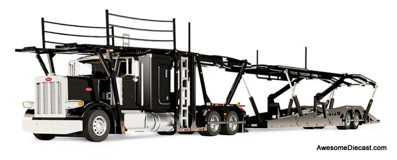 Peterbilt 389 Sleeper Tractor w/Boydstun 9106-48EZ Car Carrier Trailer, Black 1:64 Diecast Model Truck DCP by First Gear