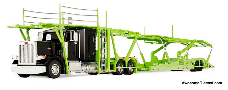Peterbilt 389 Sleeper Tractor w/Boydstun 9106-48EZ Car Carrier Trailer, Black & Green 1:64 Diecast Model Truck DCP by First Gear