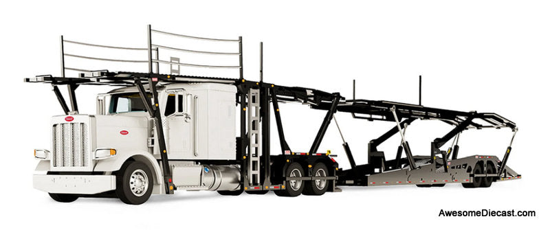 Peterbilt 389 Sleeper Tractor w/Boydstun 9106-48EZ Car Carrier Trailer, White & Black 1:64 Diecast Model Truck DCP by First Gear