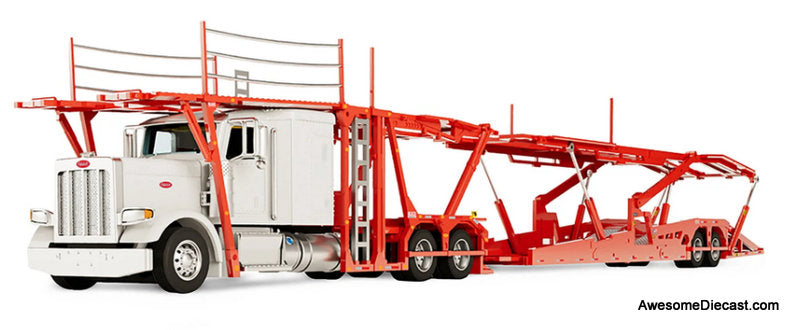 Peterbilt 389 Sleeper Tractor w/Boydstun 9106-48EZ Car Carrier Trailer, White & Red 1:64 Diecast Model Truck DCP by First Gear