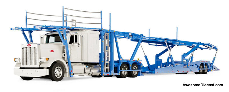 Peterbilt 389 Sleeper Tractor w/Boydstun 9106-48EZ Car Carrier Trailer, White & Blue 1:64 Diecast Model Truck DCP by First Gear