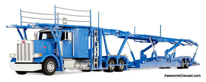 Peterbilt 389 Sleeper Tractor w/Boydstun 9106-48EZ Car Carrier Trailer, Blue 1:64 Diecast Model Truck DCP by First Gear