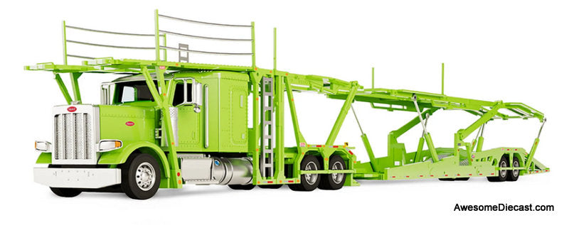 Peterbilt 389 Sleeper Tractor w/Boydstun 9106-48EZ Car Carrier Trailer, Green 1:64 Diecast Model Truck DCP by First Gear