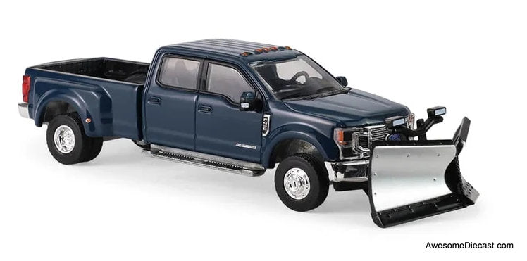 2022 Ford F-450 Dually Pick-Up Truck w/Snow Plow, Antimatter Blue 1:64 Diecast Model Truck by Greenlight