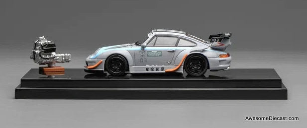 Porsche 993 RWB, Gray w/Engine Motozolo 1:64 Diecast Model Car by MotorHelix