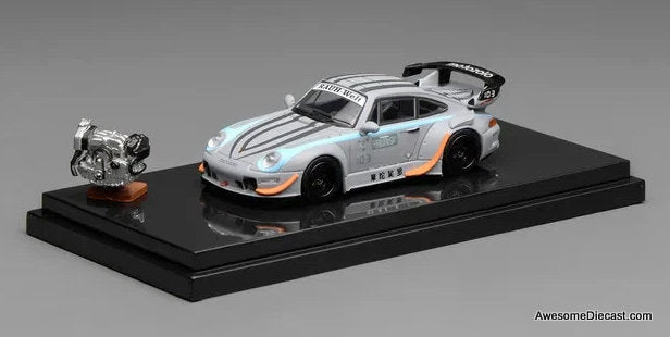 Porsche 993 RWB, Gray w/Engine Motozolo 1:64 Diecast Model Car by MotorHelix