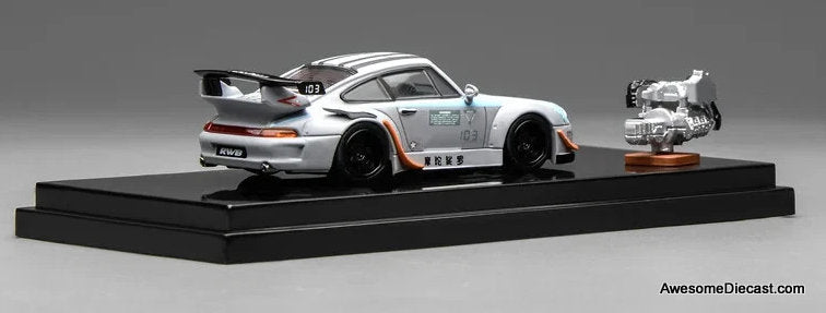 Porsche 993 RWB, Gray w/Engine Motozolo 1:64 Diecast Model Car by MotorHelix