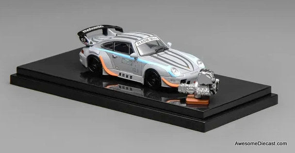 Porsche 993 RWB, Gray w/Engine Motozolo 1:64 Diecast Model Car by MotorHelix