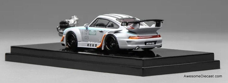 Porsche 993 RWB, Gray w/Engine Motozolo 1:64 Diecast Model Car by MotorHelix