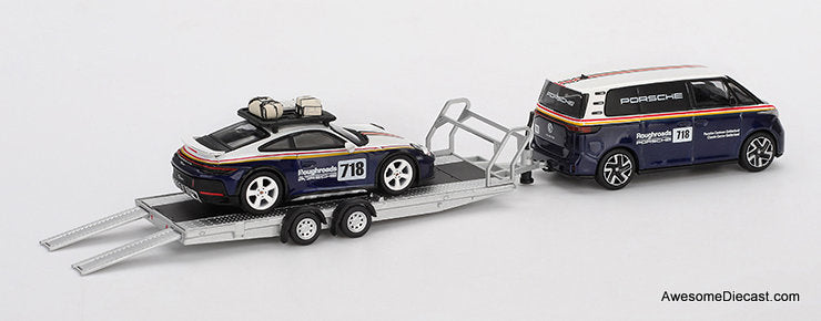 Porsche 911 Dakar #718 & Volkswagen ID. Buzz, Porsche Centrum Gelderland Roughroads Set 1:64 Diecast Model Car by Mini GT