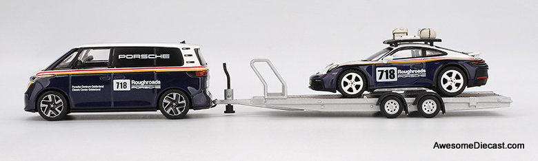 Porsche 911 Dakar #718 & Volkswagen ID. Buzz, Porsche Centrum Gelderland Roughroads Set 1:64 Diecast Model Car by Mini GT