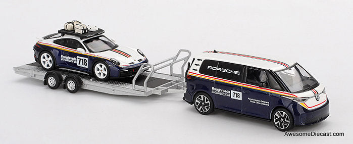 Porsche 911 Dakar #718 & Volkswagen ID. Buzz, Porsche Centrum Gelderland Roughroads Set 1:64 Diecast Model Car by Mini GT
