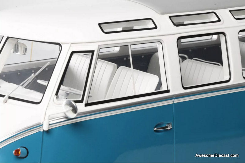 1962 Volkswagen VW T1 (Type 2) Samba Bus, Regatta Blue/White 1:12 Resin Cast Model Car by Otto