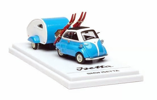 BMW Isetta w/Ski & Trailer Set, Blue 1:64 Diecast Model Car by Almost Real