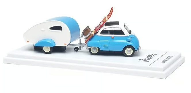BMW Isetta w/Ski & Trailer Set, Blue 1:64 Diecast Model Car by Almost Real