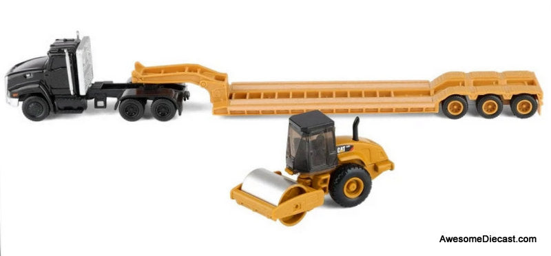 Kenworth T880 Tractor Black w/Lowboy Trailer & CAT Roller, Yellow 1:87 Diecast Model Truck by Diecast Masters