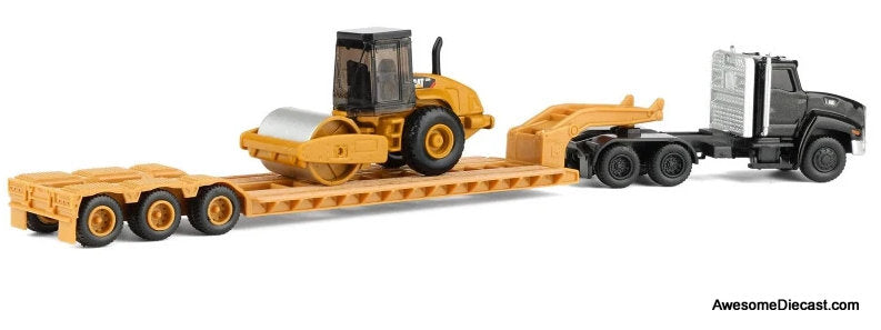 Kenworth T880 Tractor Black w/Lowboy Trailer & CAT Roller, Yellow 1:87 Diecast Model Truck by Diecast Masters