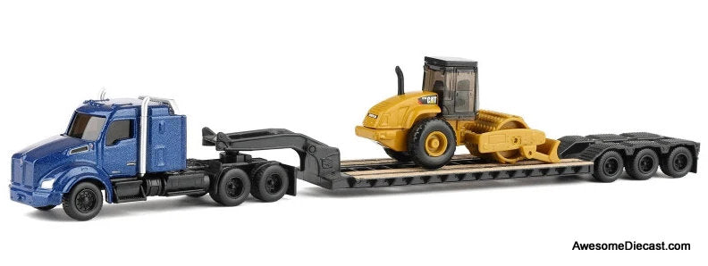 Kenworth T880 Tractor, Blue Metallic w/Lowboy Trailer & CAT Padfoot Roller 1:87 Diecast Model Truck by Diecast Masters